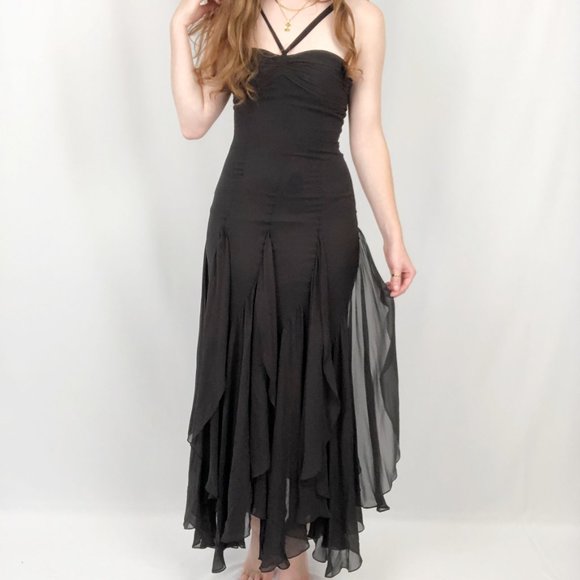 Stunning 100% Silk BCBGMaxAzria Ruffle black Draped Maxi Dress/gown. Halter. - Picture 5 of 9